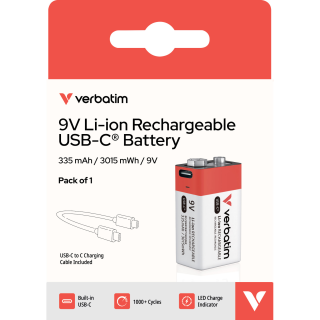 9V-Akku Verbatim mit USB-C-Anschluss, Li-Ion 