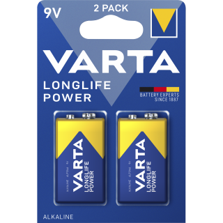 9V-Block Batterie VARTA "Longlife Power" Alkaline, 6LR61, 2er Blister 