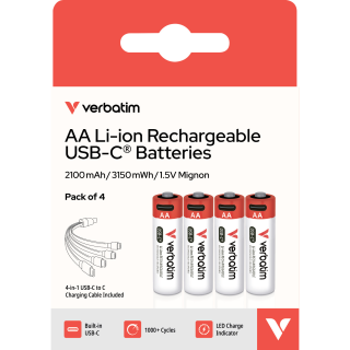 AA-Akkus Verbatim mit USB-C-Anschluss, Li-Ion, 4er-Pack 