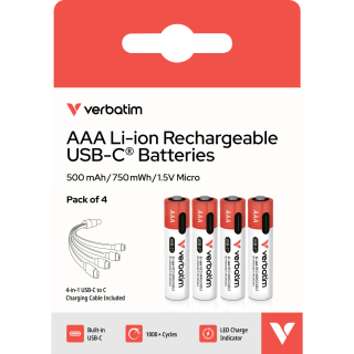 AAA-Akkus Verbatim mit USB-C-Anschluss, Li-Ion, 4er-Pack 