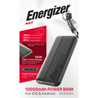 Akku Powerbank ENERGIZER, 10.000mAh, UE10050CC, 1x USB-A, 2x USB-C, schwarz 