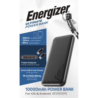 Akku Powerbank ENERGIZER, 10.000mAh, UE10055PQ, 1x USB-A, 2x USB-C, schwarz 
