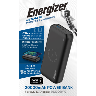 Akku Powerbank ENERGIZER, 20.000mAh, QE20009PQ, 1x USB-A/Micro-B/-C PD, schwarz 