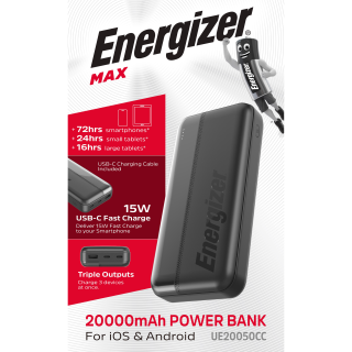 Akku Powerbank ENERGIZER, 20.000mAh, UE20050CC, 1x USB-A, 2x USB-C, schwarz 