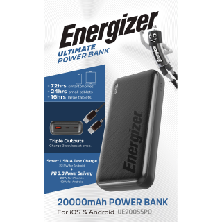 Akku Powerbank ENERGIZER, 20.000mAh, UE20055PQ, 1x USB-A, 2x USB-C, schwarz 