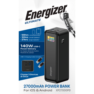 Akku Powerbank ENERGIZER, 27.000mAh, XP27000PD, 1x USB-A, 2x USB-C, schwarz 