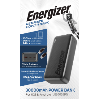 Akku Powerbank ENERGIZER, 30.000mAh, UE30055PQ, 1x USB-A, 2x USB-C, schwarz 