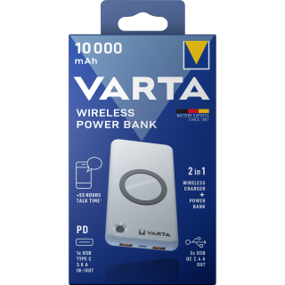 Akku Powerbank VARTA, 10.000mAh, Wireless, weiss, 2x USB-A, 1x USB-C 