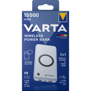 Akku Powerbank VARTA, 15.000mAh, Wireless, weiss, 2x USB-A, 1x, USB-C 