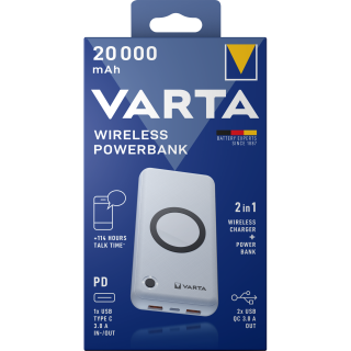 Akku Powerbank VARTA, 20.000mAh, Wireless, weiss, 2x USB-A, 1x USB-C 