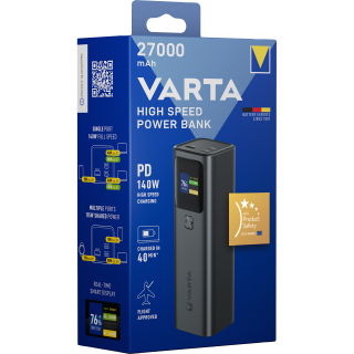 Akku Powerbank VARTA, 27.000mAh, High Speed, grau, 2x USB-C, 1x USB-A 