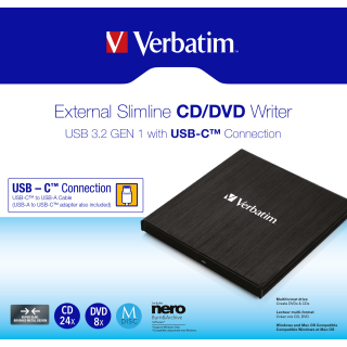 DVD Recorder Verbatim, USB 3.2, A-C, 8x/6x/24x, Slimline 
