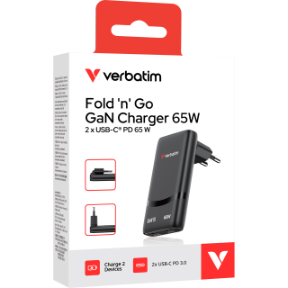 Fold 'n’ Go GaN Charger Verbatim, 65W, schwarz 