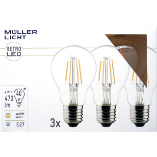 LED Filament Glühlampe, E27, 4W, 470lm, 2700K, warmweiß, 3er Set 