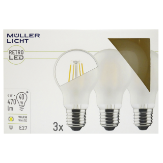 LED Filament Glühlampe, E27, 4W, 470lm, 2700K, warmweiß, matt, 3er Set 