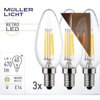 LED Filament Kerzenlampe, E14, 4W, 470lm, 2700K, warmweiß, 3er Set 