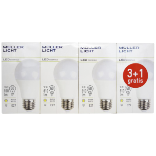 LED Glühlampe, E27, 10W, 810lm, 2700K, warmweiß, 3+1 Set 