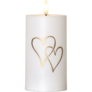 LED-Kerze "Flamme Heart" , weiß, 7x14cm, outdoor, Lichtsensor, goldene Herzen 
