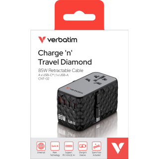 Ladeadapter Verbatim, Charge'n'Travel, GaN III, 85W, USB-C Kabel integriert 