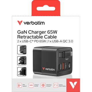 Ladeadapter Verbatim, GaN, 65W, Retractable, schwarz 