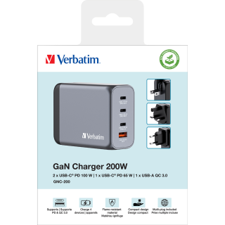 Ladeadapter Verbatim, Universal, GNC-200, GaN, 200W, grau 