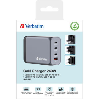 Ladeadapter Verbatim, Universal, GNC-240, GaN, 240W, grau 