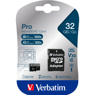 Micro SDHC Card Verbatim "PRO" 32GB, U3, inkl. SD-Adapter 