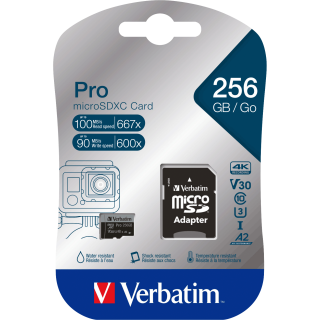 Micro SDXC Card Verbatim "PRO" 256GB, U3, inkl. SD-Adapter 