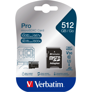 Micro SDXC Card Verbatim "PRO" 512GB, U3, Class 10, inkl. SD-Adapter 