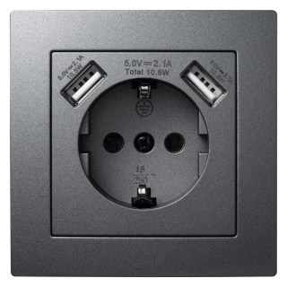 Schutzkontakt-Steckdose mit 2x USB McPower "Flair", 250V, 5V/2,1A, UP, anthrazit 