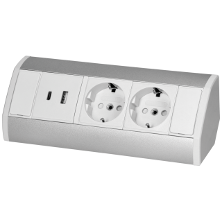 Steckdosenblock Aufbau, silber-weiß, 2-fach, 2x USB (Typ A+C), 3680W 