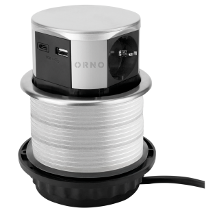 Tisch-Einbausteckdose Ø10cm, 3A, 3x Schuko, 2x USB A+C, silber, versenkbar 