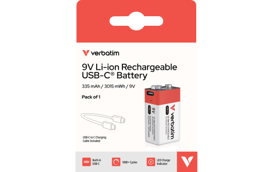9V-Akku Verbatim mit USB-C-Anschluss, Li-Ion 