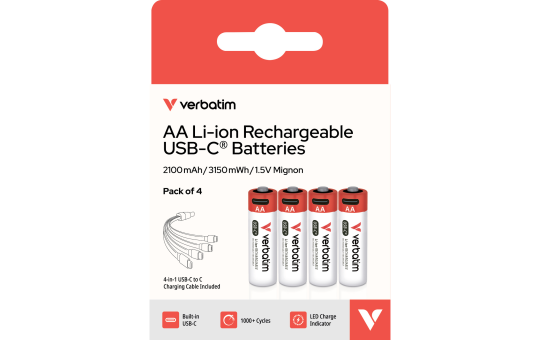 AA-Akkus Verbatim mit USB-C-Anschluss, Li-Ion, 4er-Pack 