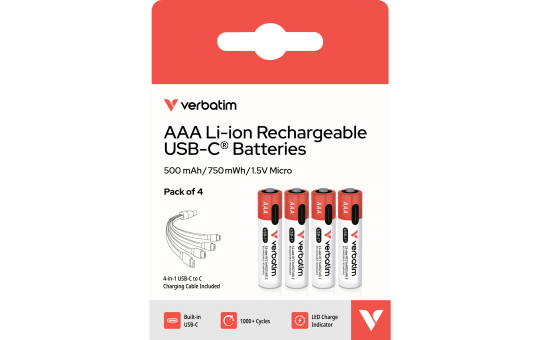 AAA-Akkus Verbatim mit USB-C-Anschluss, Li-Ion, 4er-Pack 