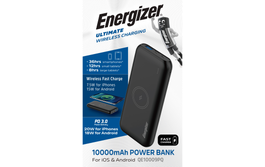 Akku Powerbank ENERGIZER, 10.000mAh, QE10009PQ, 1x USB-A,/Micro-B/-C PD, schwarz 