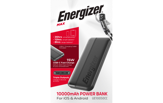 Akku Powerbank ENERGIZER, 10.000mAh, UE10050CC, 1x USB-A, 2x USB-C, schwarz 