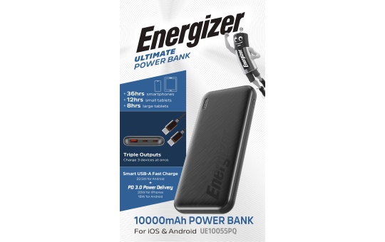 Akku Powerbank ENERGIZER, 10.000mAh, UE10055PQ, 1x USB-A, 2x USB-C, schwarz 