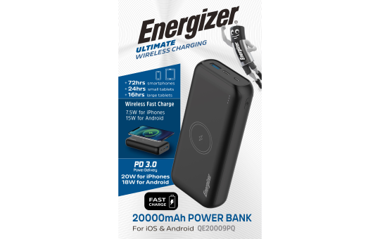 Akku Powerbank ENERGIZER, 20.000mAh, QE20009PQ, 1x USB-A/Micro-B/-C PD, schwarz 
