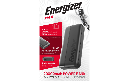 Akku Powerbank ENERGIZER, 20.000mAh, UE20050CC, 1x USB-A, 2x USB-C, schwarz 