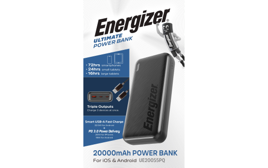 Akku Powerbank ENERGIZER, 20.000mAh, UE20055PQ, 1x USB-A, 2x USB-C, schwarz 