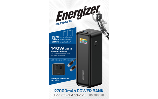 Akku Powerbank ENERGIZER, 27.000mAh, XP27000PD, 1x USB-A, 2x USB-C, schwarz 
