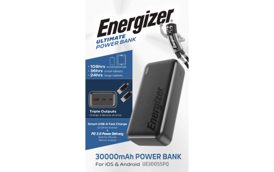 Akku Powerbank ENERGIZER, 30.000mAh, UE30055PQ, 1x USB-A, 2x USB-C, schwarz 