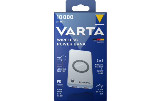 Akku Powerbank VARTA, 10.000mAh, Wireless, weiss, 2x USB-A, 1x USB-C 