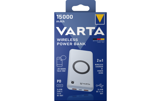 Akku Powerbank VARTA, 15.000mAh, Wireless, weiss, 2x USB-A, 1x, USB-C 