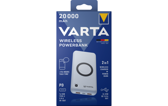 Akku Powerbank VARTA, 20.000mAh, Wireless, weiss, 2x USB-A, 1x USB-C 