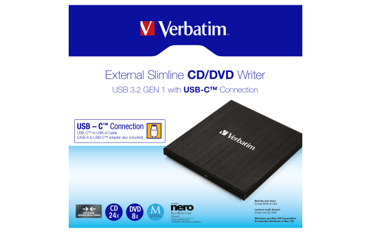 DVD Recorder Verbatim, USB 3.2, A-C, 8x/6x/24x, Slimline 
