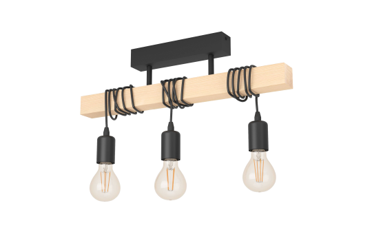 Deckenleuchte EGLO "Townshend", 3-flammig, Holz/schwarz, E27, 55x10,5x26,5cm 