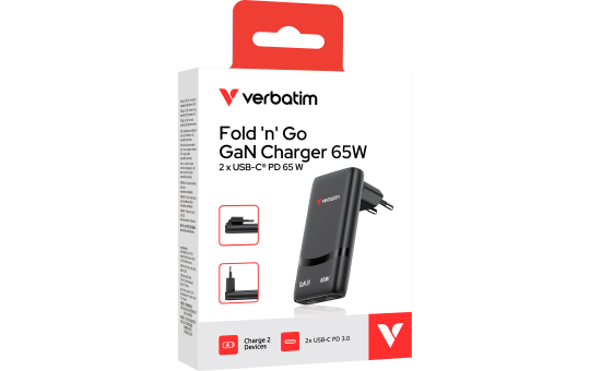 Fold 'n’ Go GaN Charger Verbatim, 65W, schwarz 