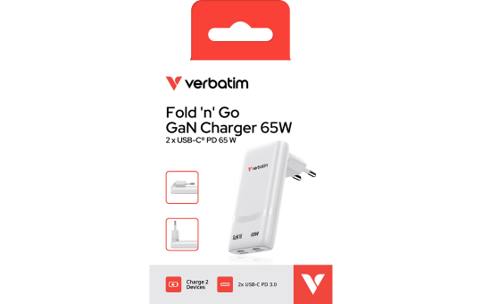 Fold 'n’ Go GaN Charger Verbatim, 65W, weiss 